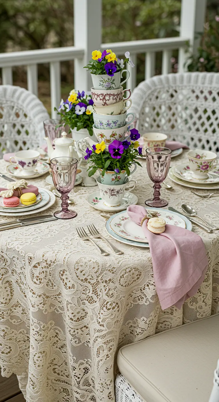 Tiered vintage teacups used as a centerpiece with pansies.