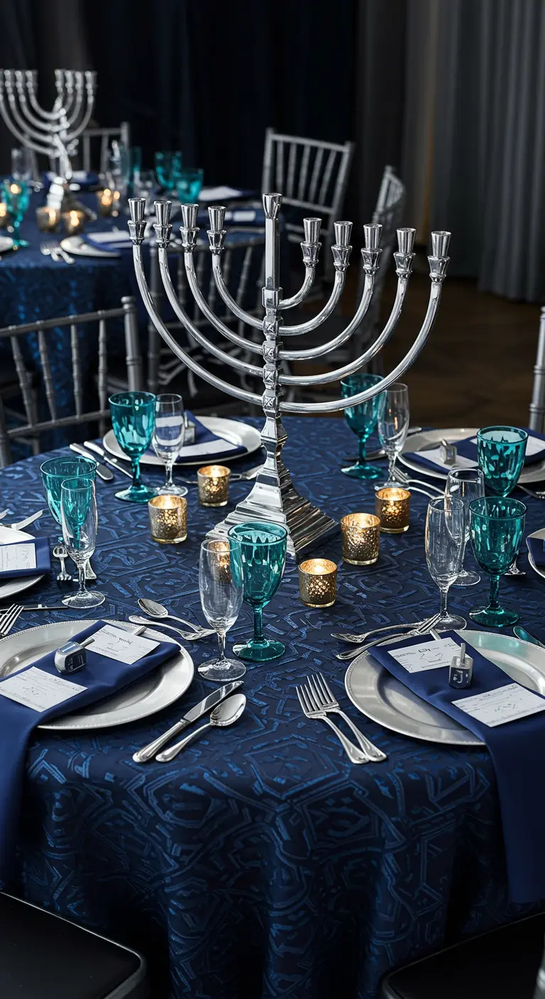 An elegant Hanukkah event table with a patterned navy tablecloth and striking teal goblets.