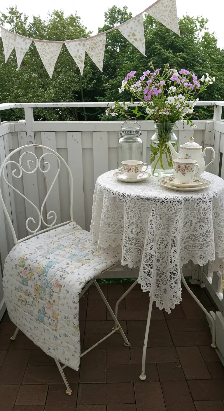 A white bistro set on a balcony with a lace tablecloth, a quilt, and a vase of flowers.