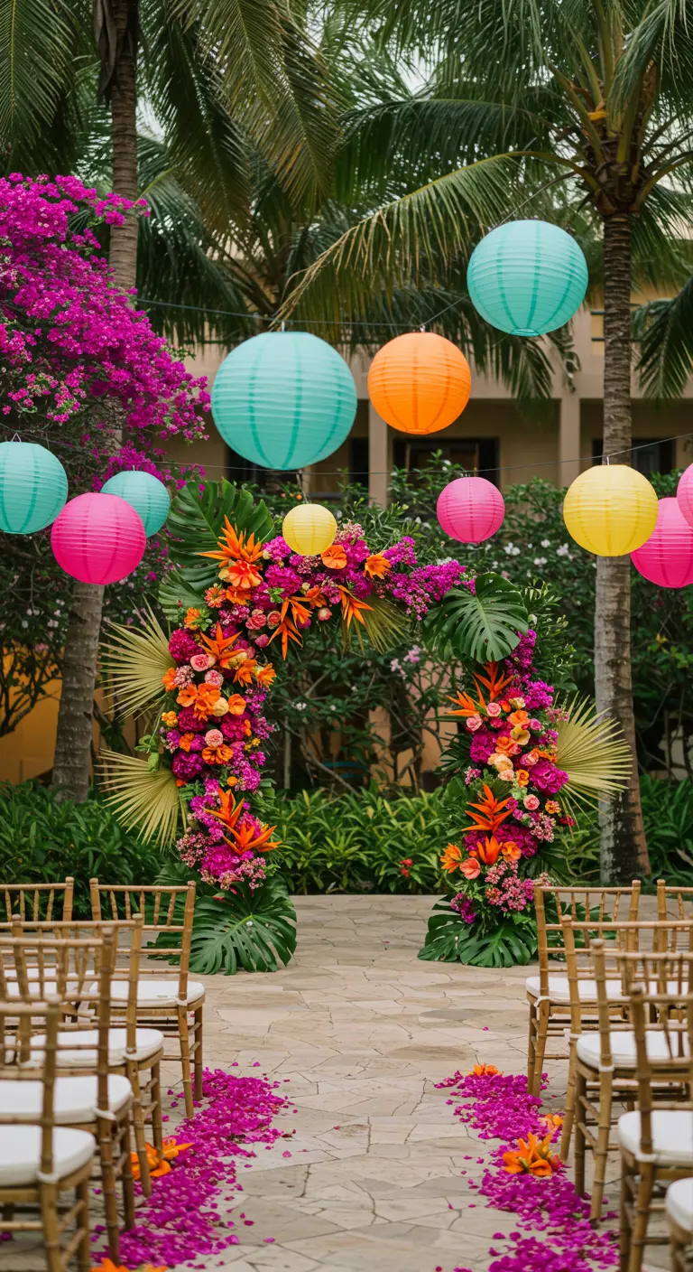 A vibrant wedding arch with tropical flowers and colorful hanging paper lanterns.