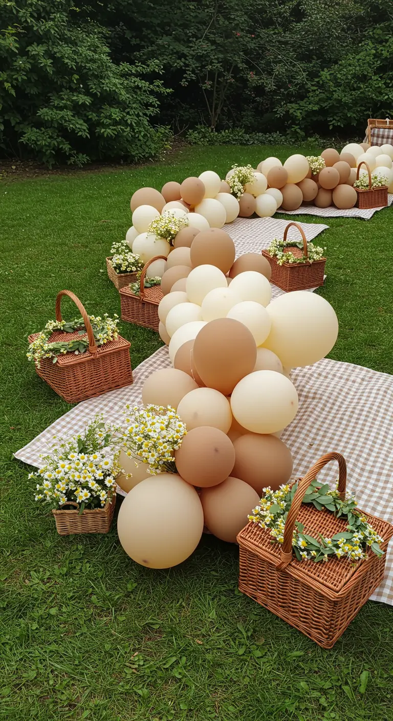 An earthy-toned balloon garland snaking across a gingham picnic blanket in a grassy field.