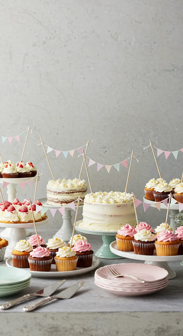 Miniature pastel bunting flags decorating cakes and cupcakes on a table.