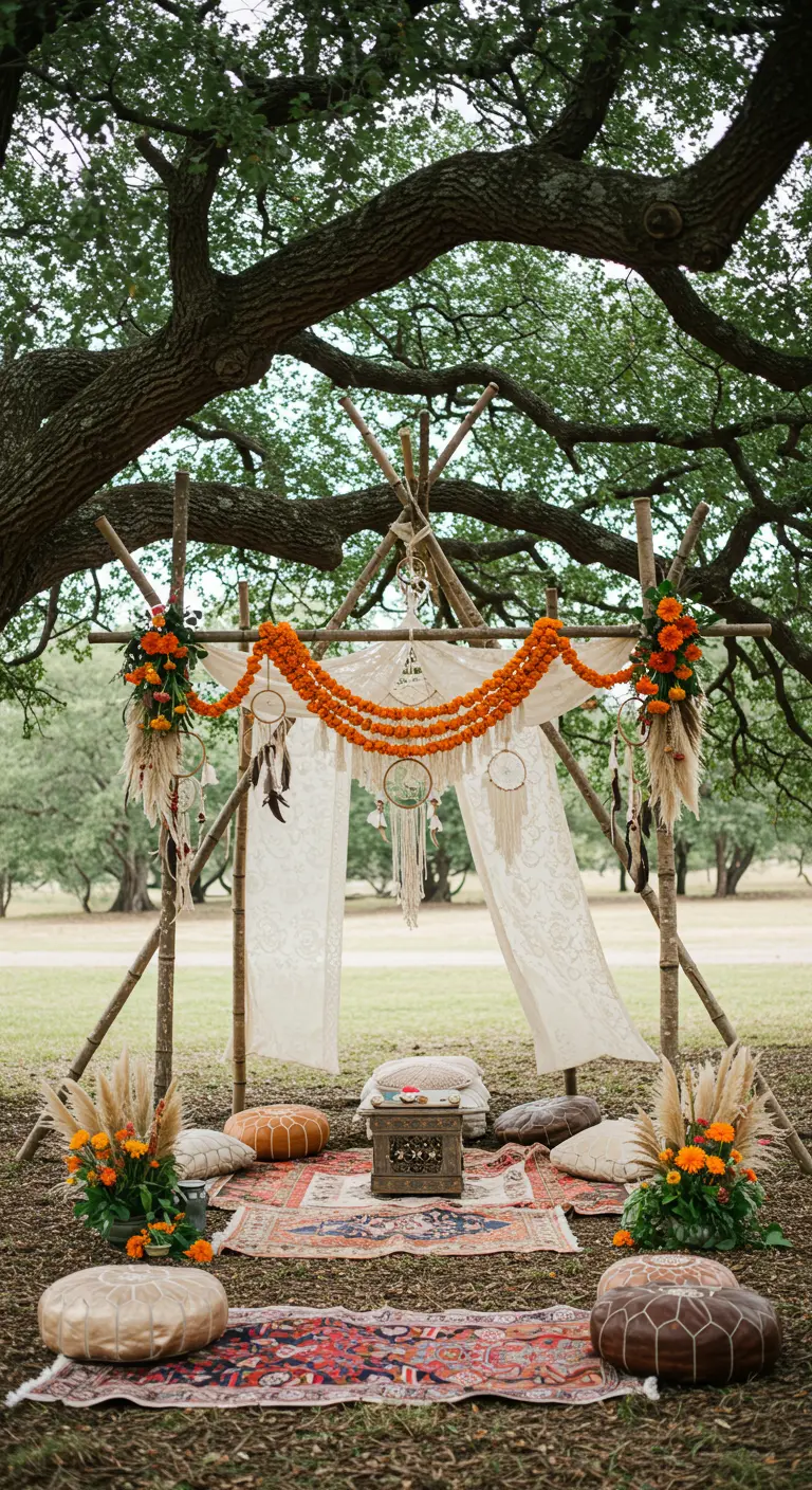 A bohemian teepee-style wedding structure decorated with marigolds and dreamcatchers.