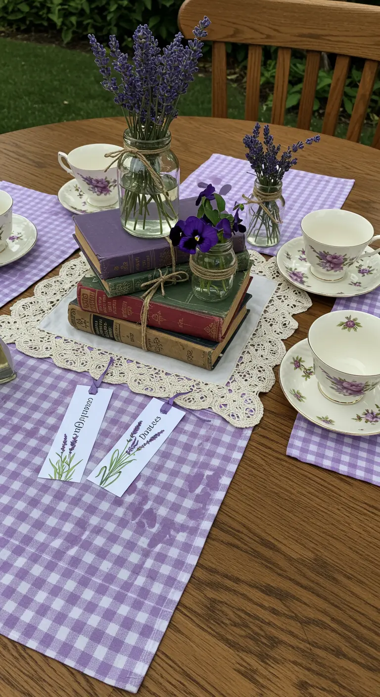 Centerpiece of stacked vintage books, lace, and small jars of lavender and violets.