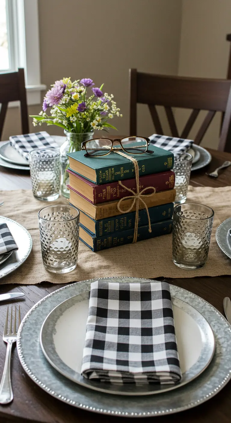 Table centerpiece made from a stack of vintage books tied with twine.