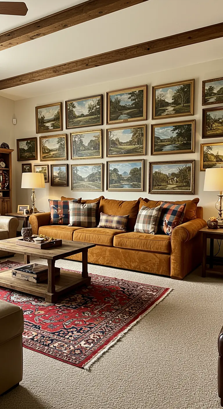 Brown velvet sofa facing a large gallery wall of framed landscape paintings.
