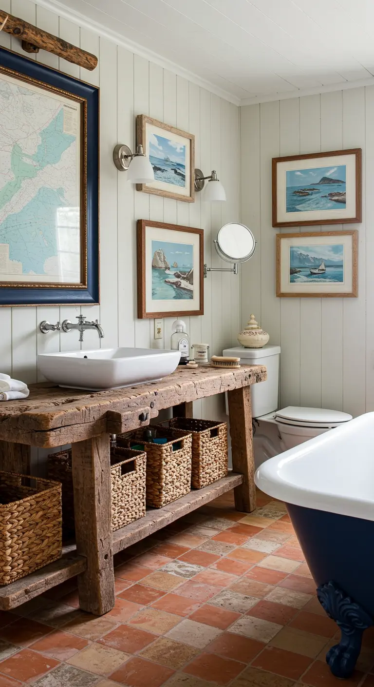 Bathroom with a gallery wall of seascapes above a rustic workbench vanity.