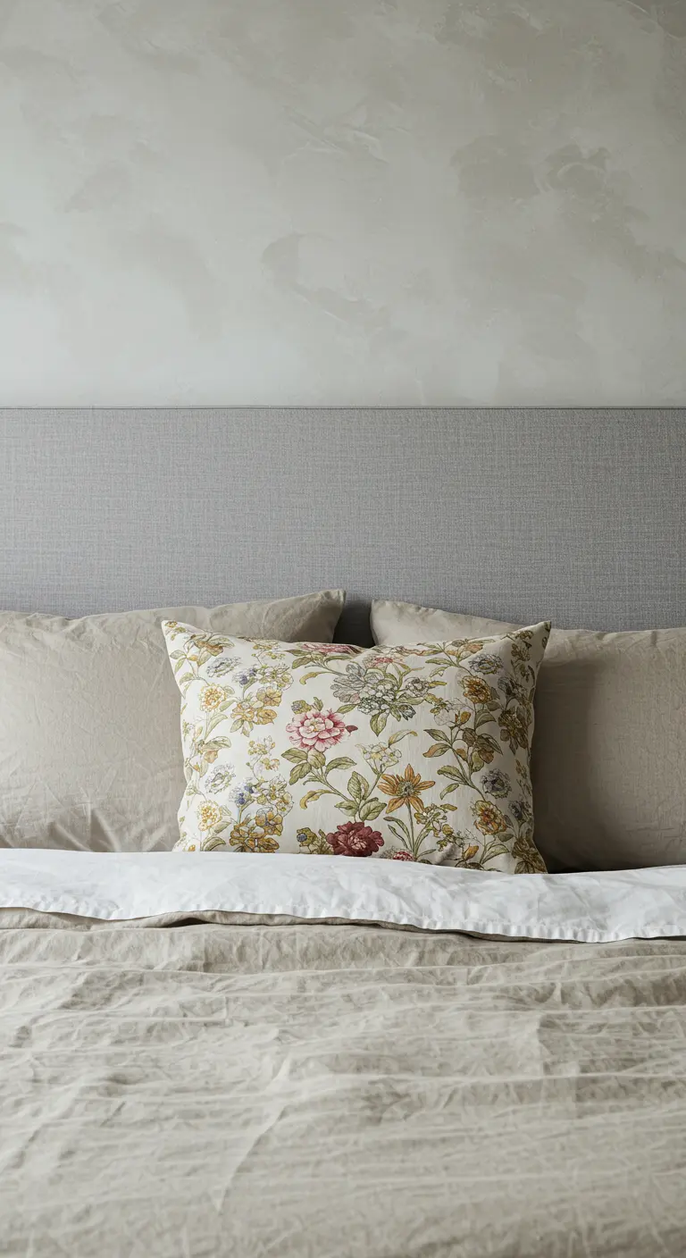 Close-up of a bed with a grey upholstered headboard, beige linens, and a single floral pillow.