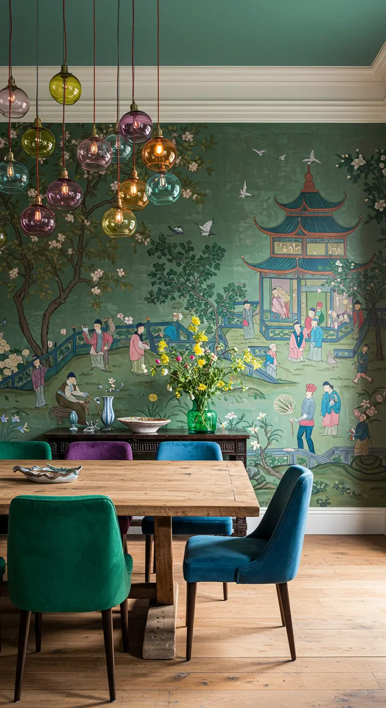 Dining room with a green chinoiserie mural, mixed-color glass pendants, and velvet chairs.