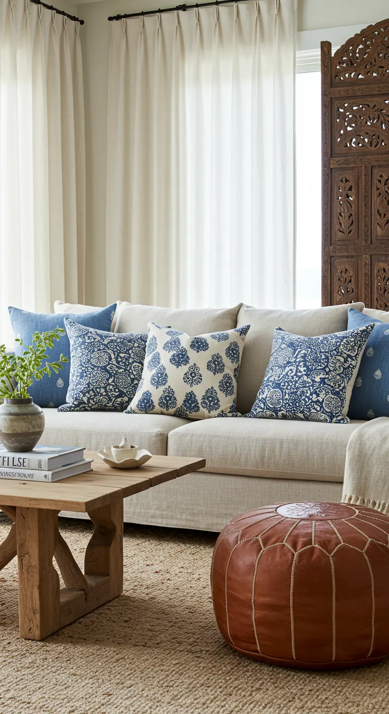 Coastal living room with blue and white patterned pillows and a leather pouf.