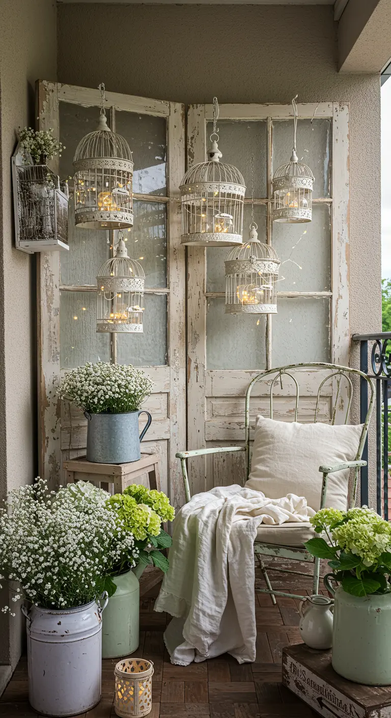 A shabby-chic balcony featuring old doors as a screen and birdcages with fairy lights.