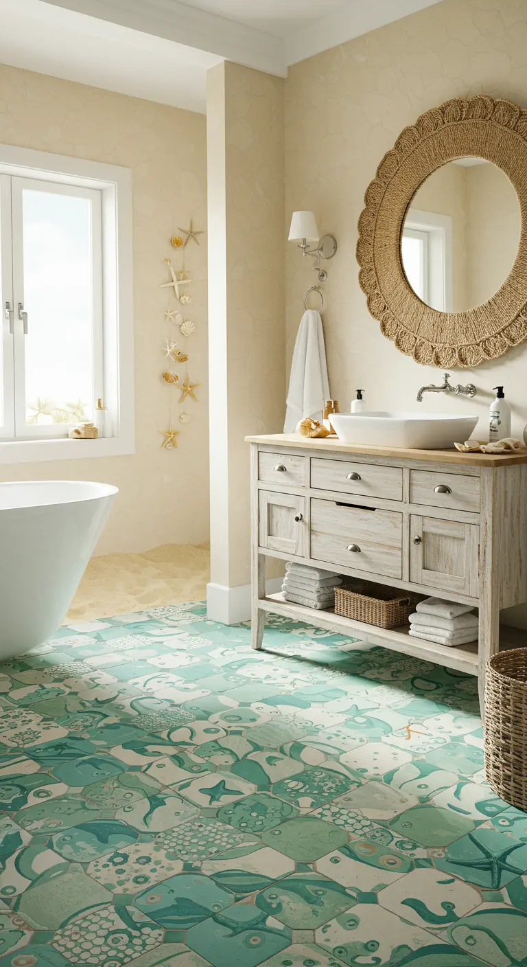Coastal bathroom with a floor of whimsical aqua tiles featuring fish and sea creatures.