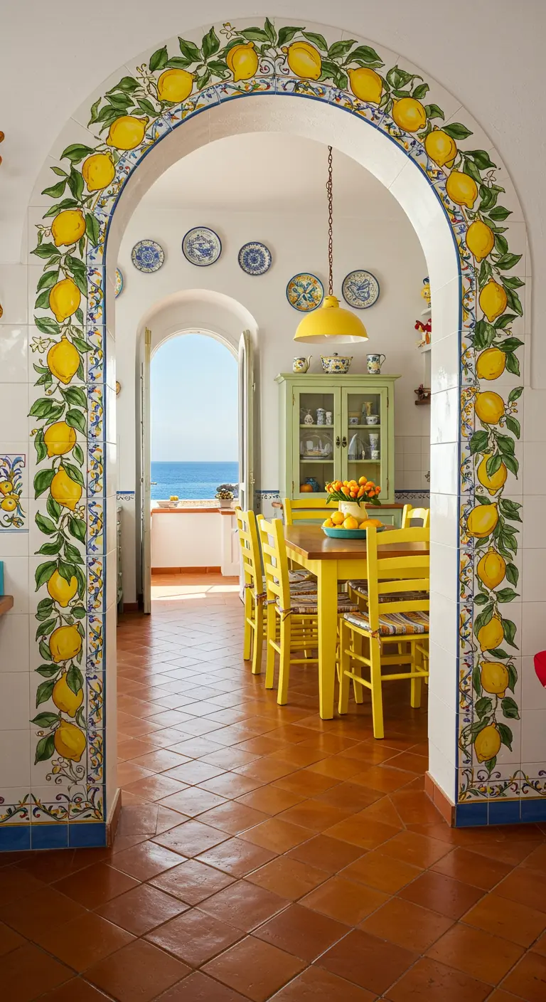 Arched doorway framed with hand-painted lemon tiles, leading to a yellow dining set.