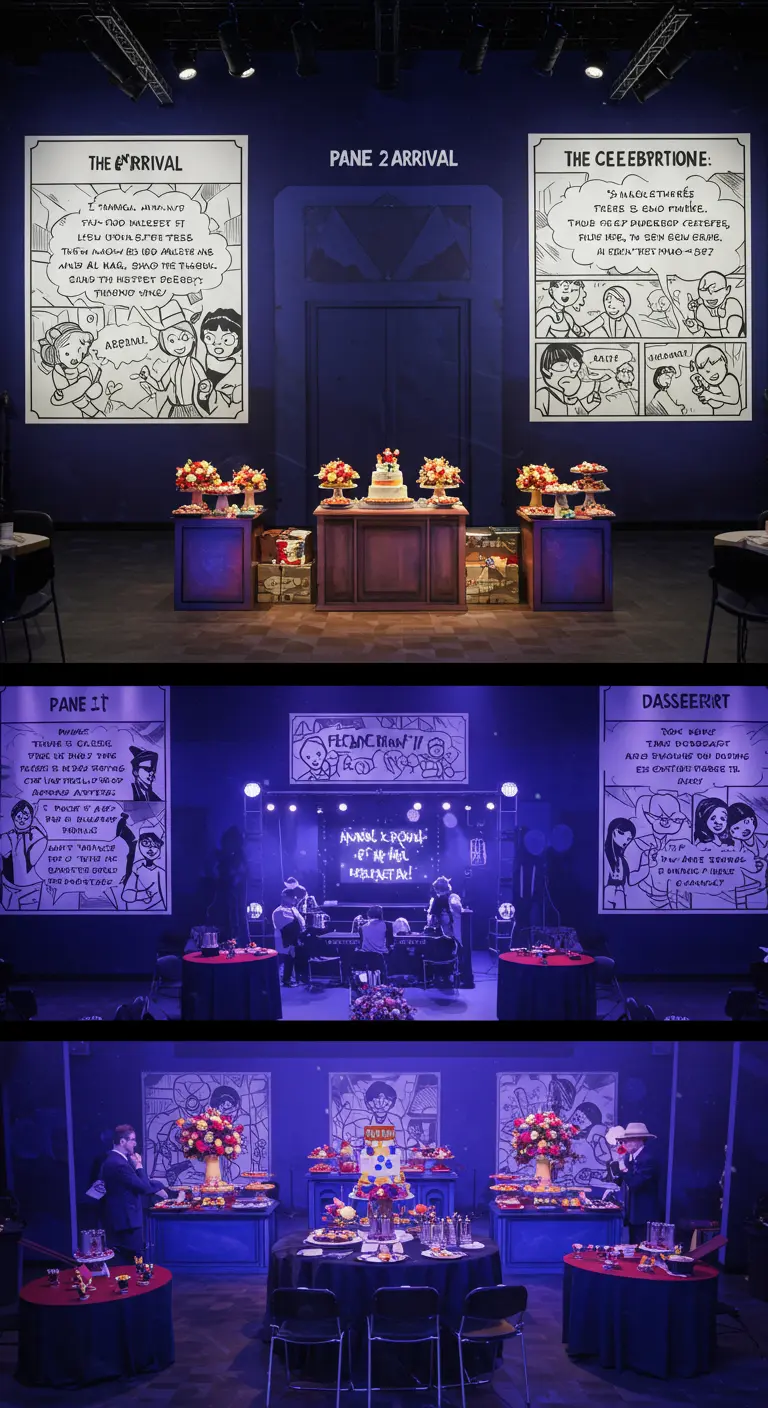 A three-part display showing a custom-made comic strip for a party.