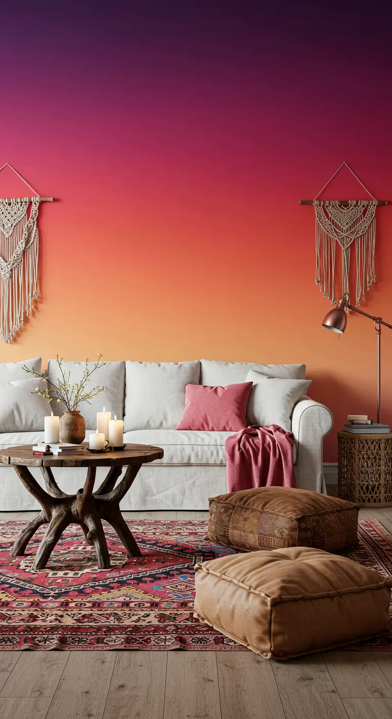 White sofa in front of a purple, red, and orange ombre wall with macrame hangings.