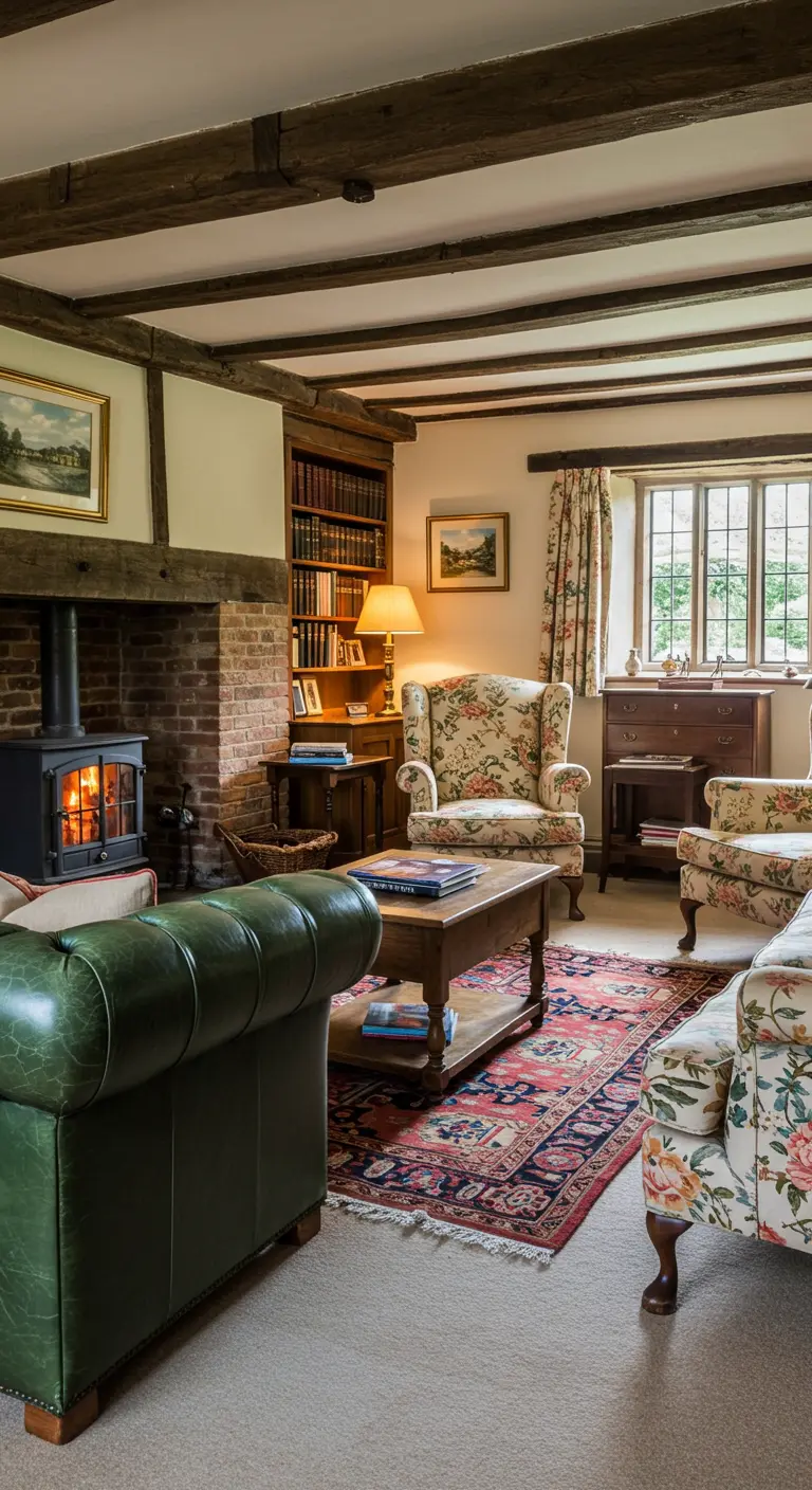 English country living room with dark beams, a green leather sofa, and floral armchairs.