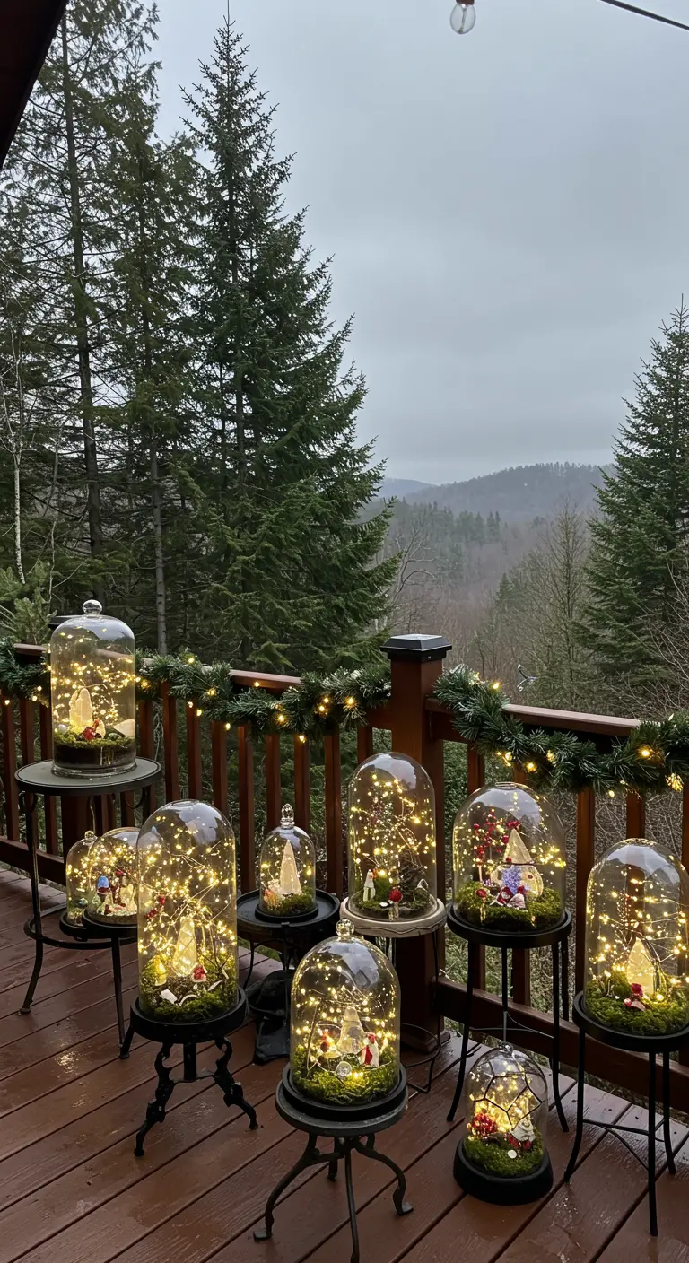 A collection of glass cloches on a wet deck, each containing a miniature scene with fairy lights.