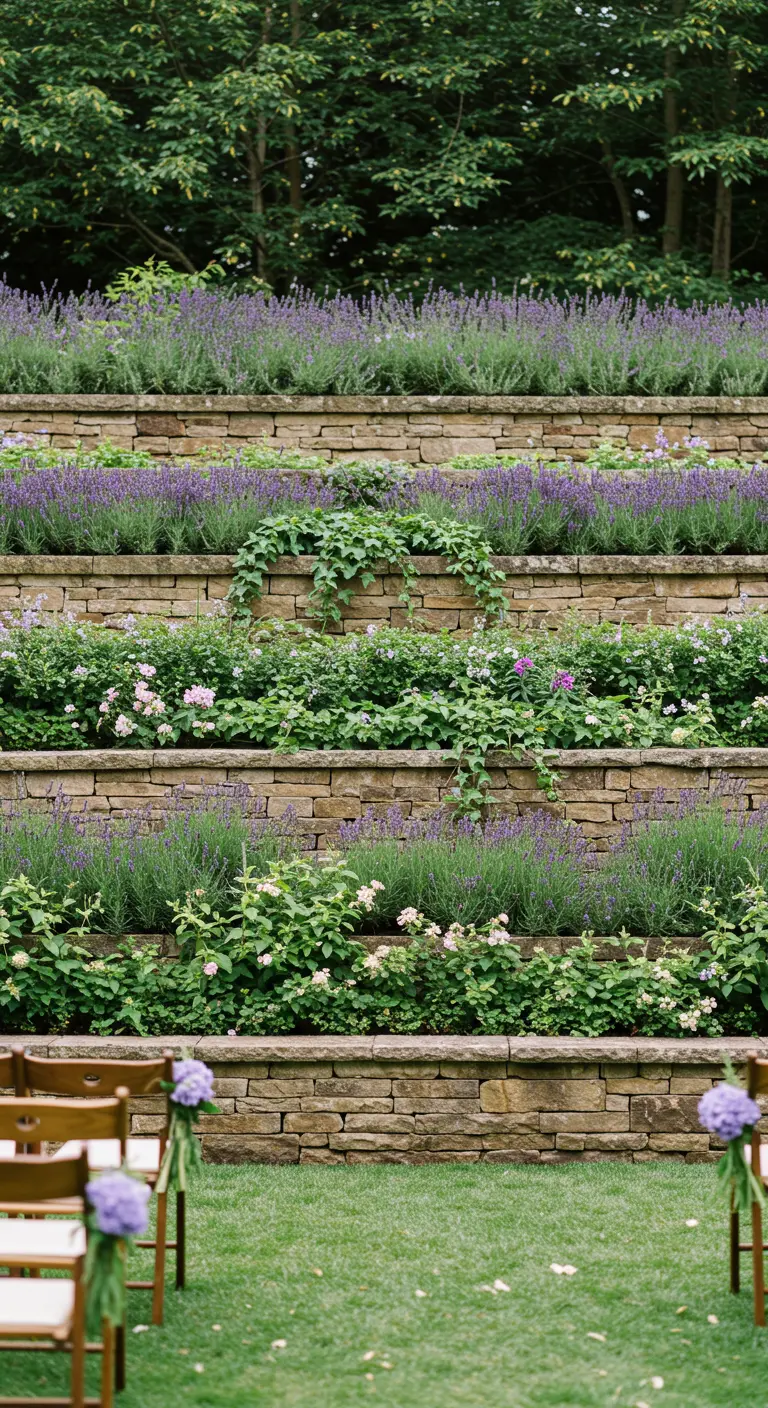 Tiered stone garden walls planted with lavender for a wedding ceremony backdrop.