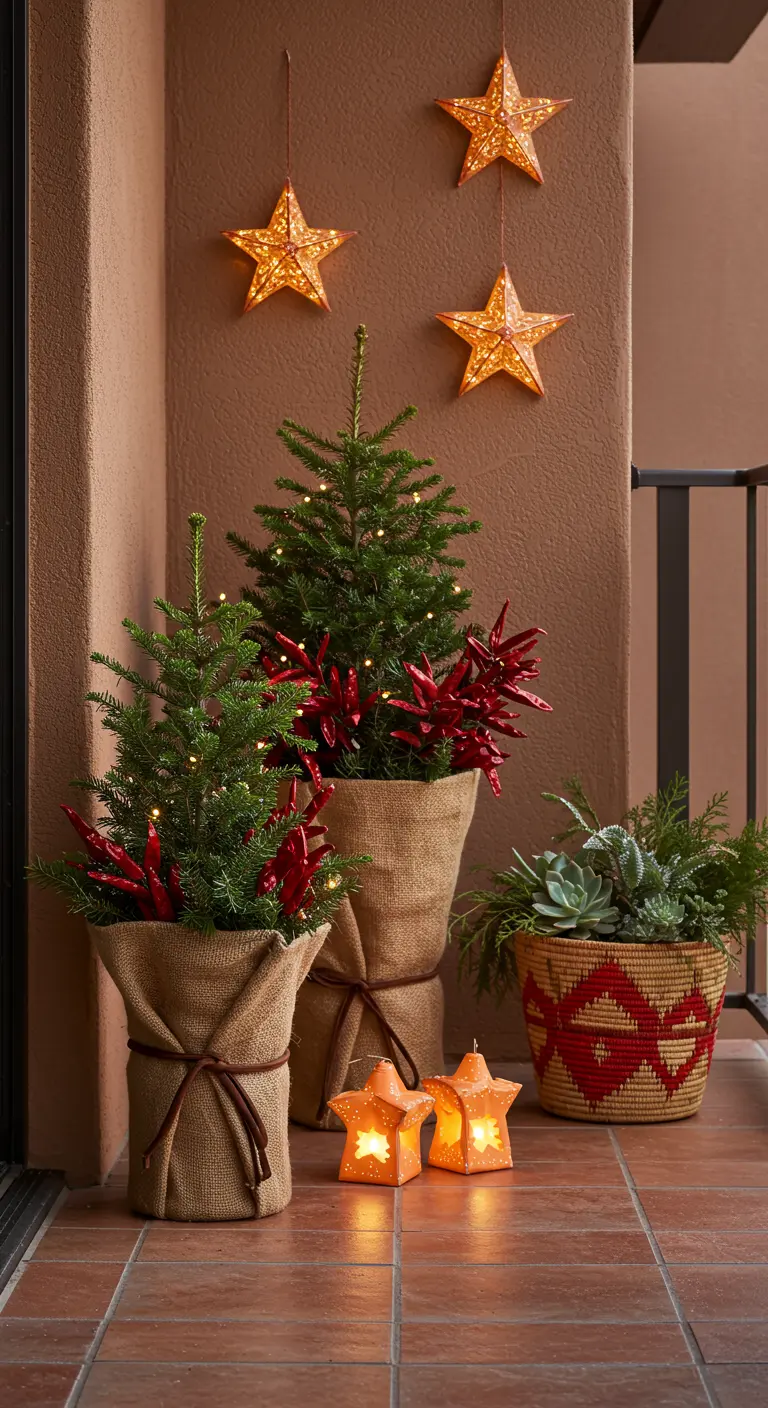 Burlap-wrapped trees decorated with red chili peppers on a terracotta-tiled balcony.