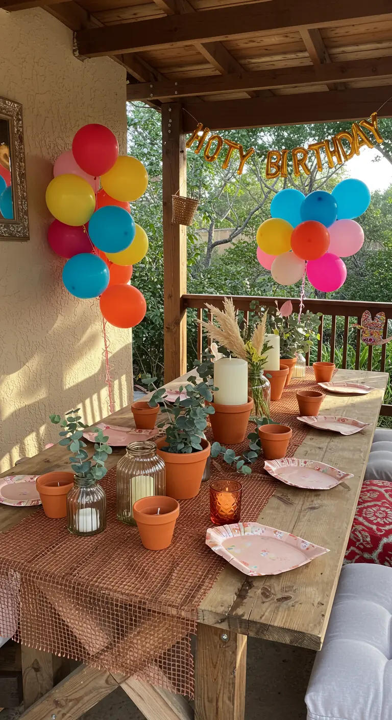 Low rustic table with a copper mesh runner, terracotta pots, and colorful balloons.