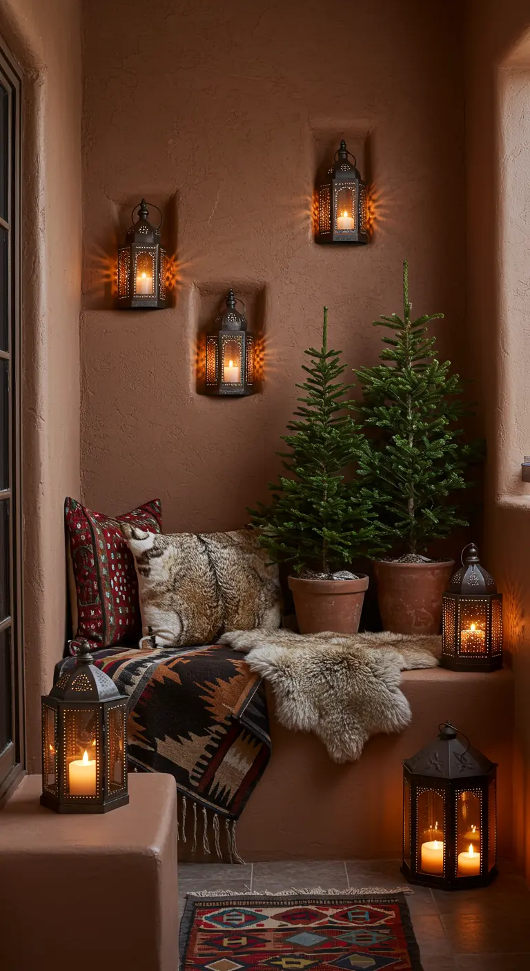 A cozy adobe balcony corner with lanterns in wall niches and Southwestern-patterned textiles.