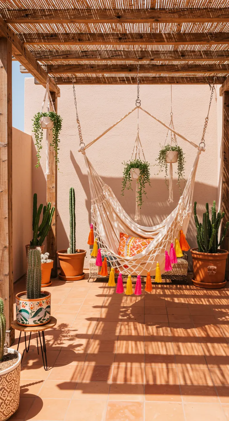 A hammock chair with bright tassels hanging under a pergola on a terracotta-tiled patio with cacti.