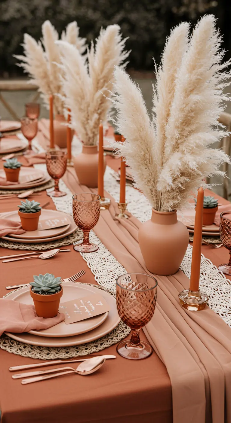 Monochromatic terracotta tablescape with macramé placemats and succulent favors.
