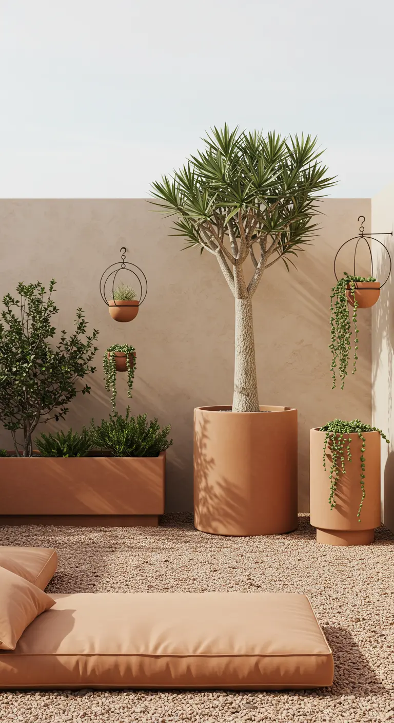 Minimalist rooftop with terracotta planters, a dragon tree, and floor cushions.