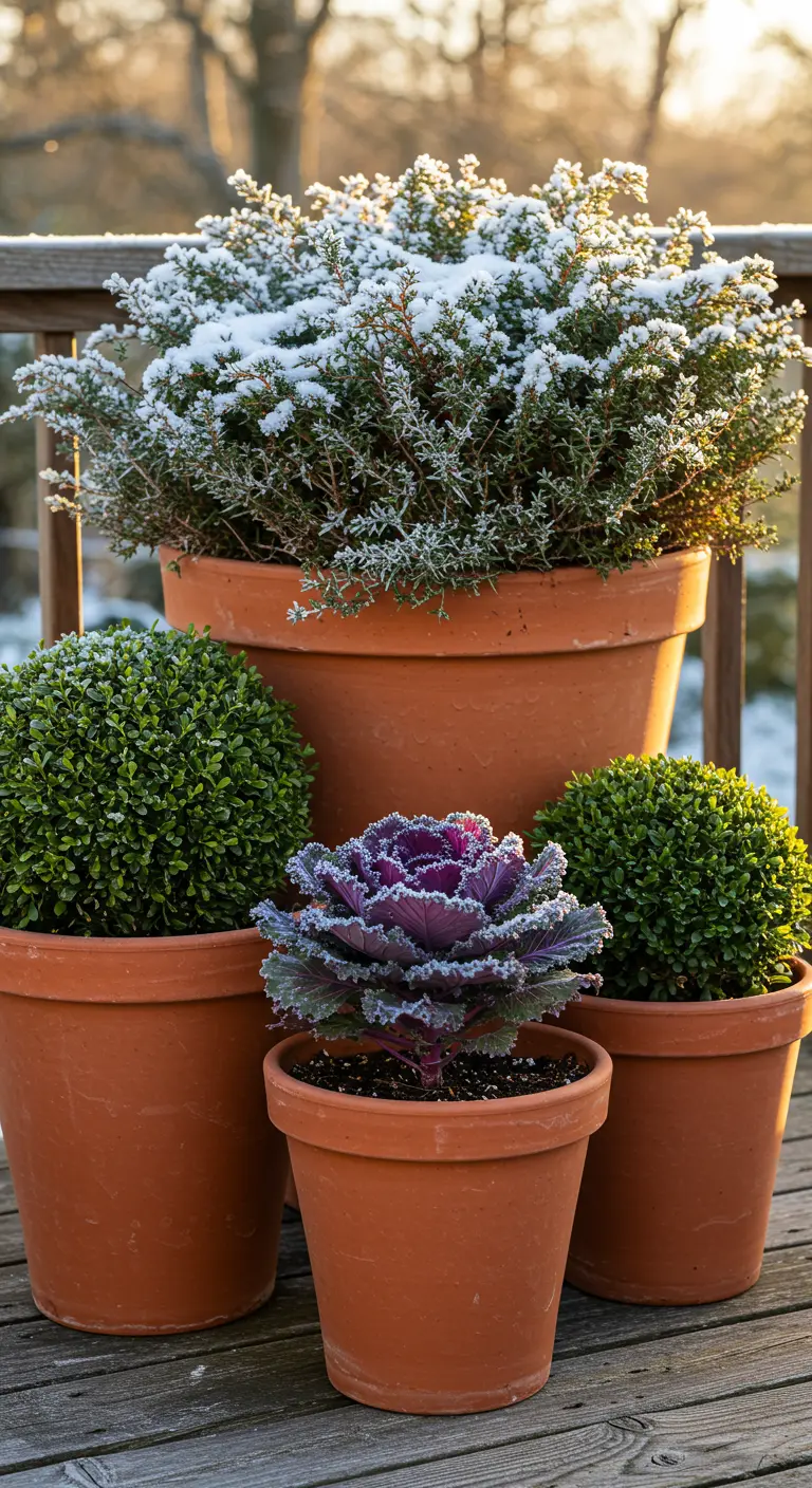 A cluster of terracotta pots with boxwood, thyme, and purple kale, lightly dusted with snow.