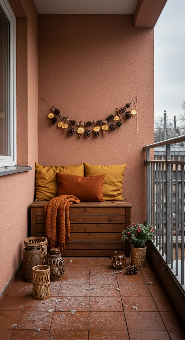 Balcony with a warm terracotta wall, a wood bench, and a pinecone and orange garland.