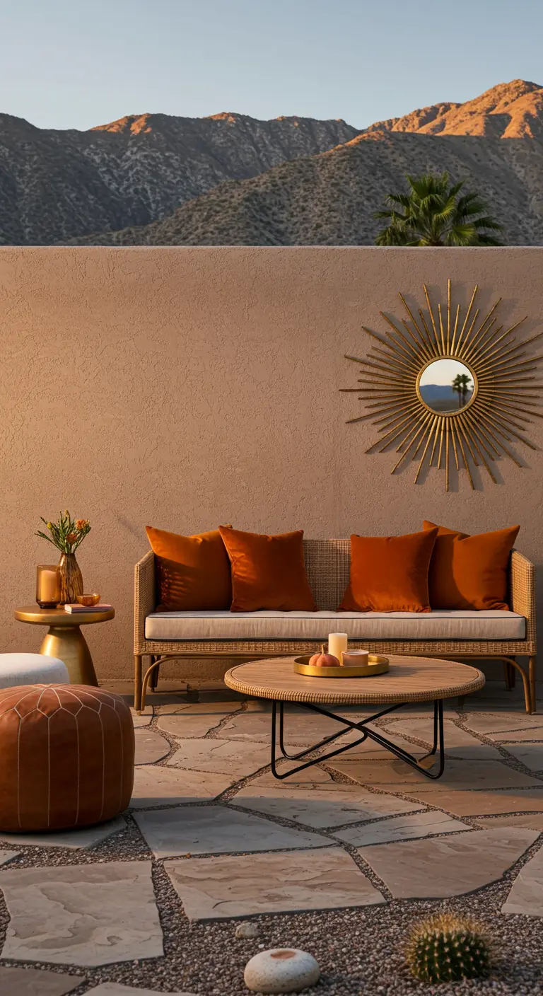 A desert-toned patio with a rattan sofa, orange velvet pillows, and a gold sunburst mirror.