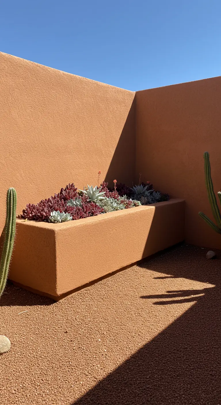 A terracotta-colored concrete bench in a desert garden, filled with red and silver succulents.