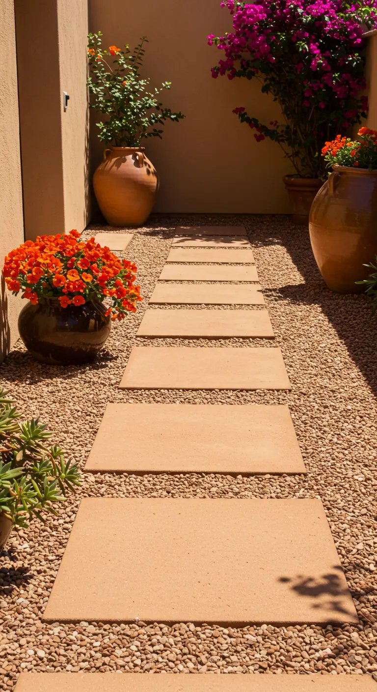 A simple, elegant path of rectangular terracotta-colored pavers on a gravel bed.