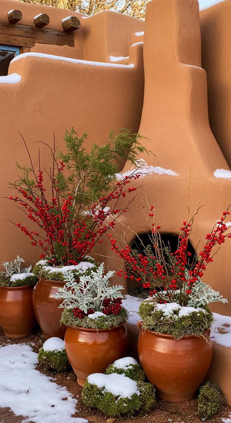A cluster of terracotta pots against an adobe wall, filled with red berries and silvery foliage.
