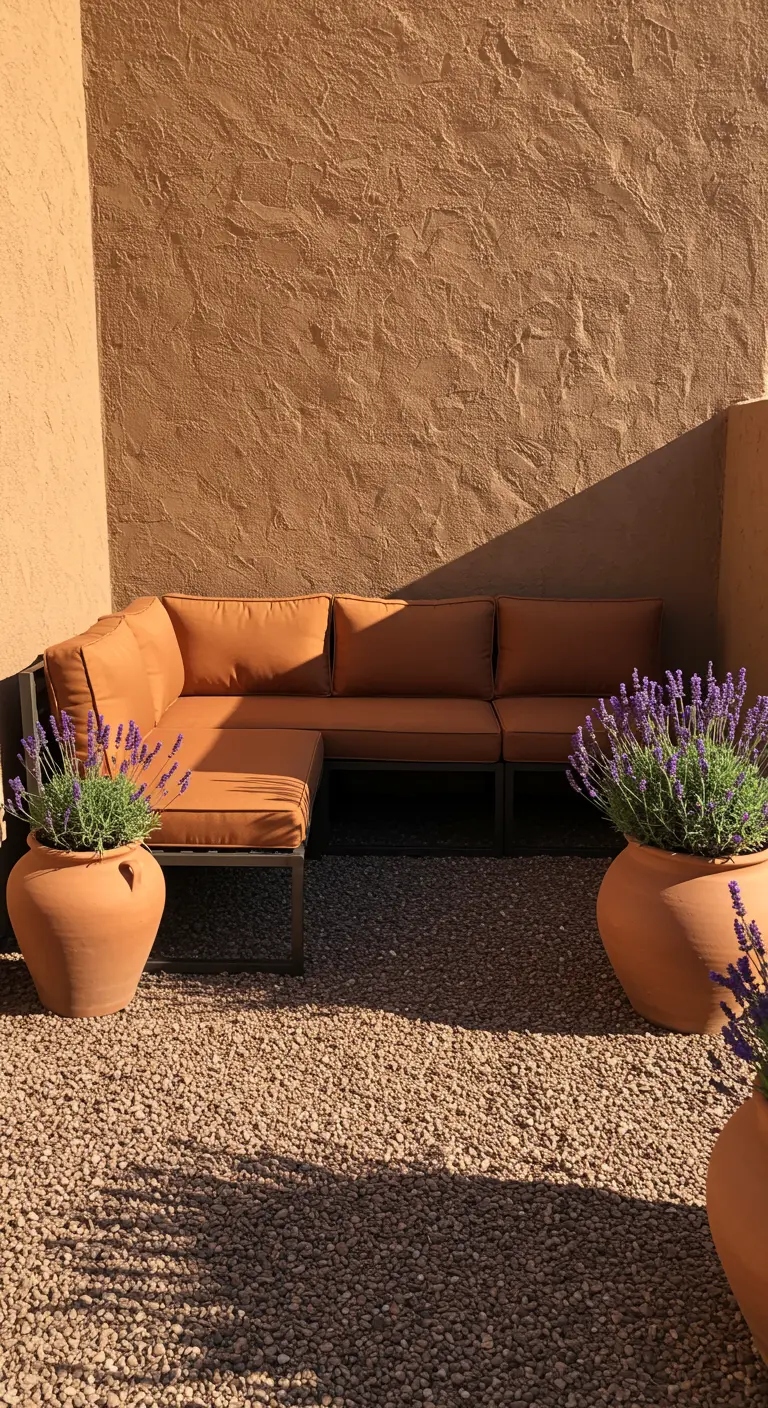 A sectional sofa with terracotta cushions in a sunny corner with lavender in large clay pots.