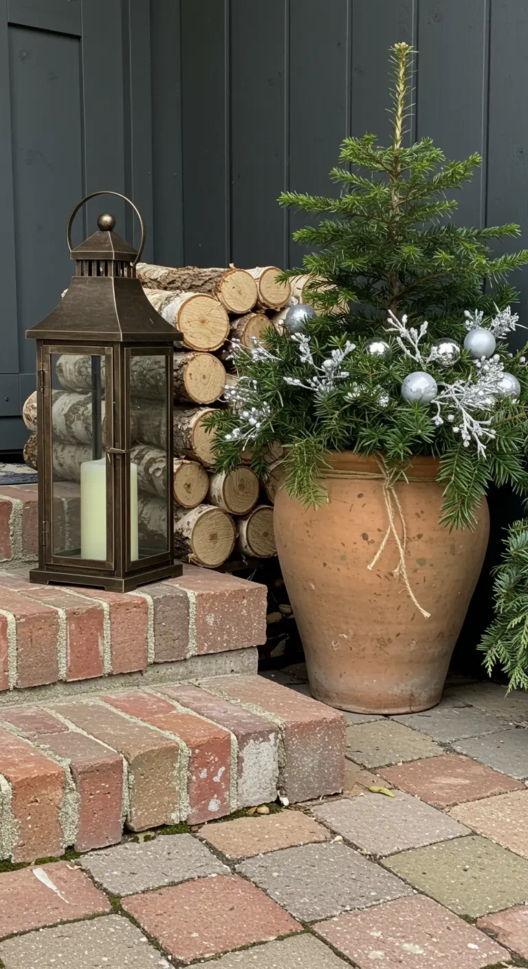 A terracotta pot with a small tree on brick steps, next to a lantern and logs.