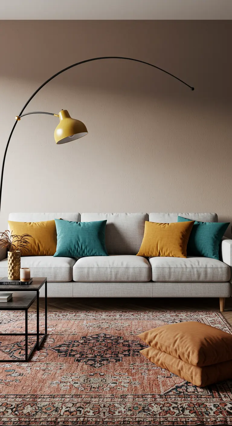 Neutral sofa with mustard and teal pillows, and a large terracotta-toned rug.