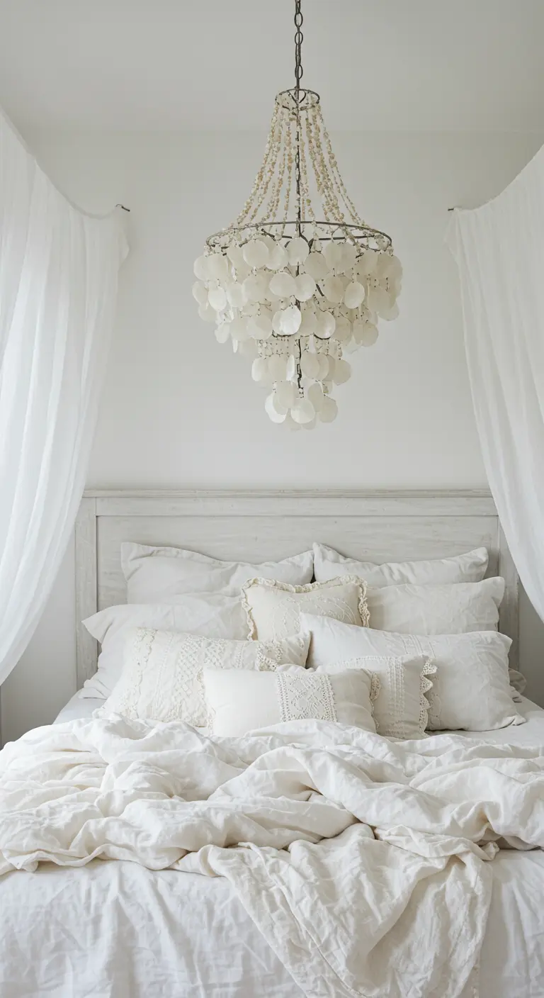 An all-white bedroom with layered textiles, a whitewashed headboard, and a capiz shell chandelier.