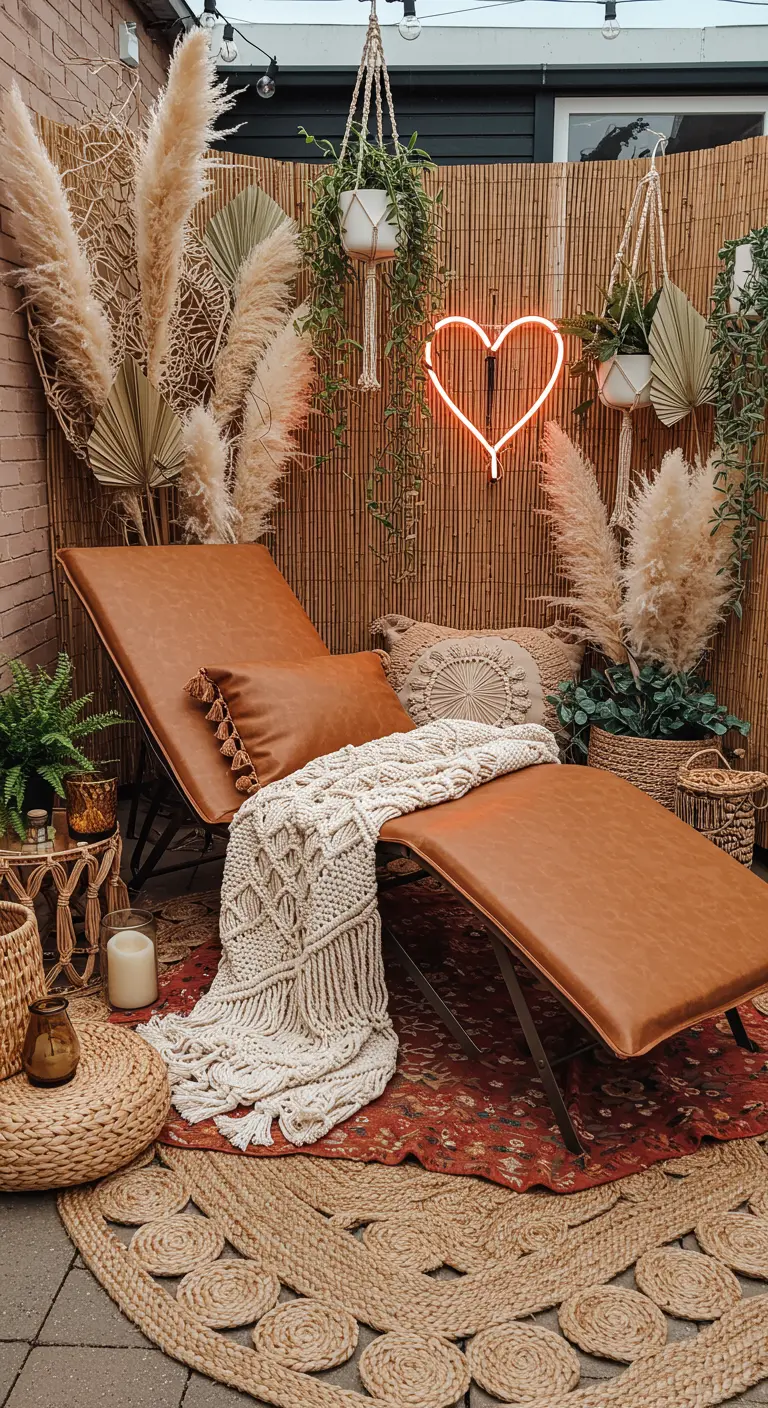 A boho patio with a brown lounger, macrame throw, pampas grass, and a neon heart.
