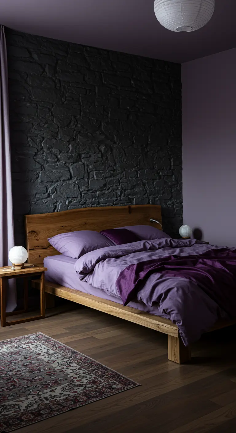 Bedroom with a rough, dark stone accent wall and lavender satin bedding.