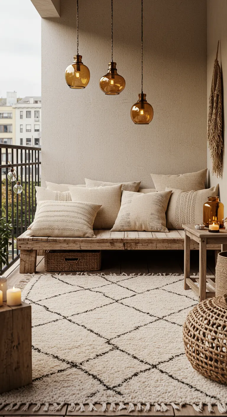A neutral-toned balcony with a pallet bench, beige pillows, and a Moroccan shag rug.