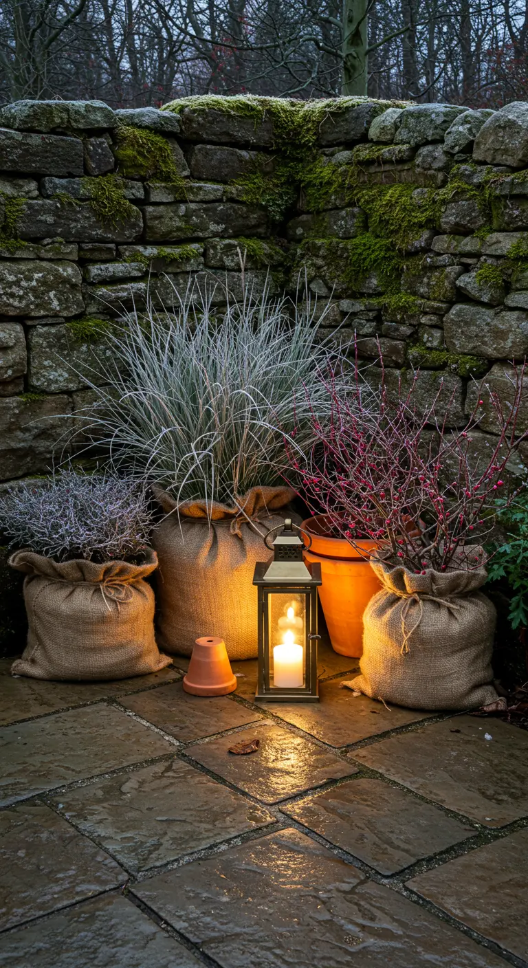 Rustic corner with burlap planters, ornamental grasses, red twigs, and a lantern against a stone wall.