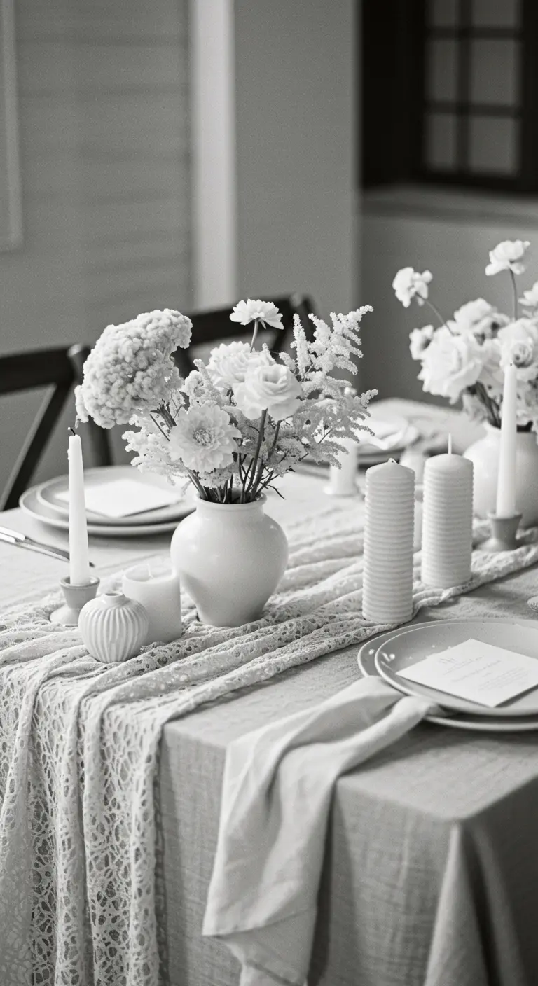 Black and white photo of a tablescape with textured candles, a lace runner, and white flowers.