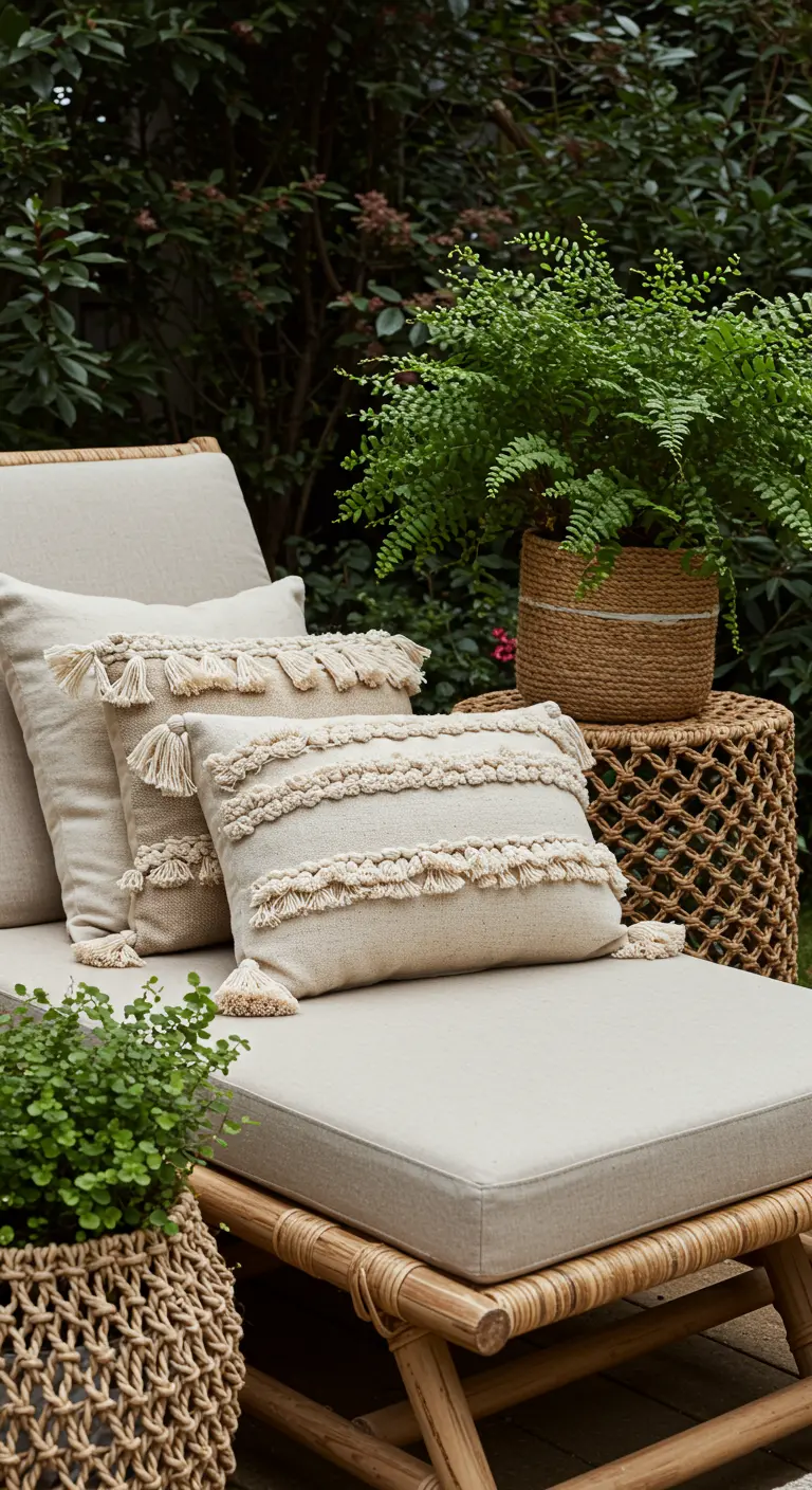 A close-up of neutral-toned, textured pillows with tassels on a rattan lounger.