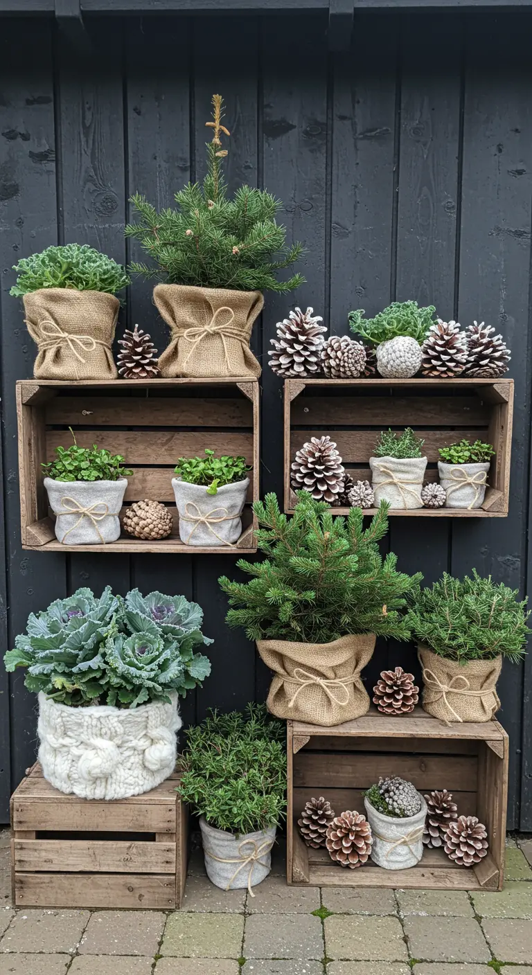 Wall display of wooden crates with various wrapped plants and ornamental cabbage.