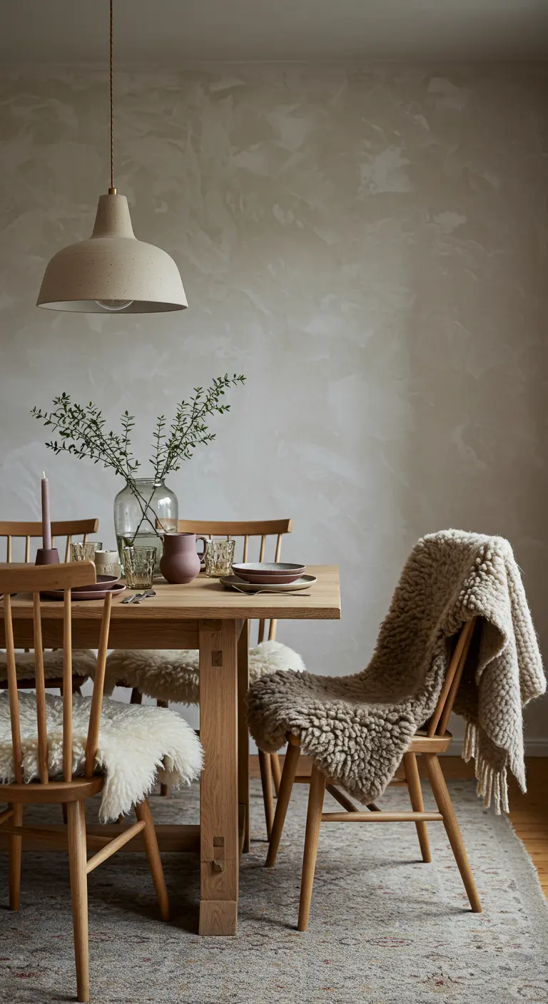 Oak dining table with chairs draped in white and brown sheepskin throws, a textured wall, and a large ceramic pendant light.