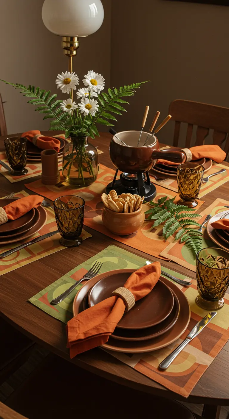 A retro 1970s dining table set for a fondue party with earthy tones.