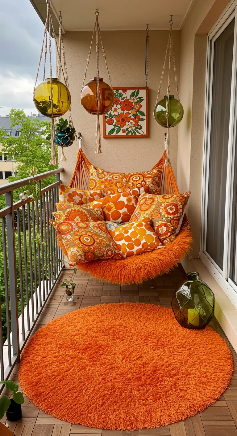 A retro-themed balcony with a hammock chair, orange shag rug, and '70s floral patterns.
