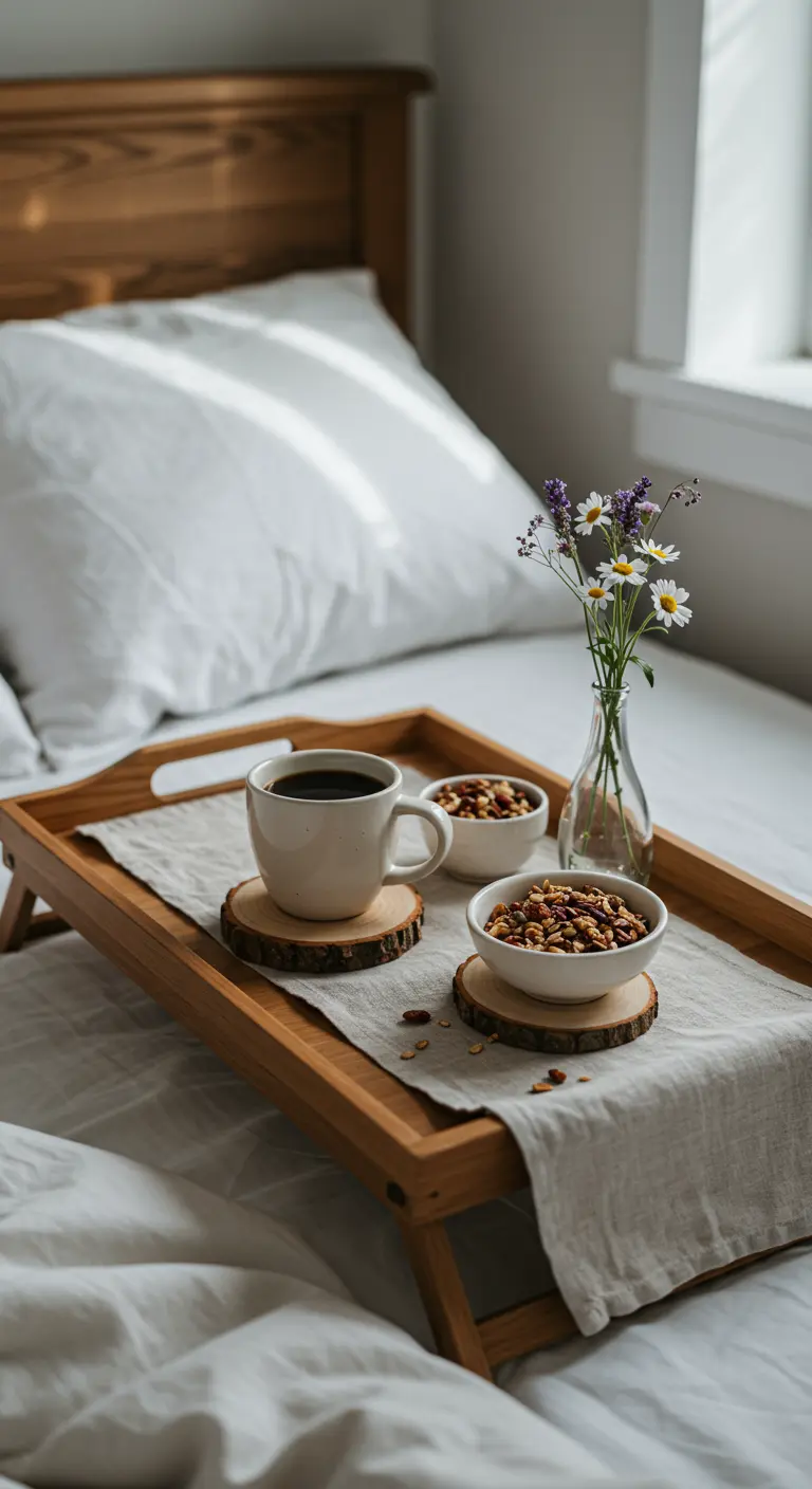 A breakfast tray in bed with coffee and granola on small wood slice coasters.