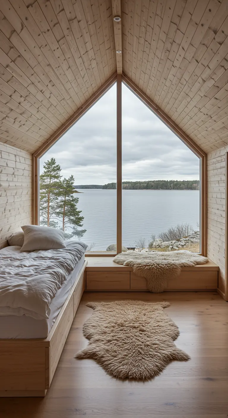A-frame bedroom nook with a large window and a stunning lake view.